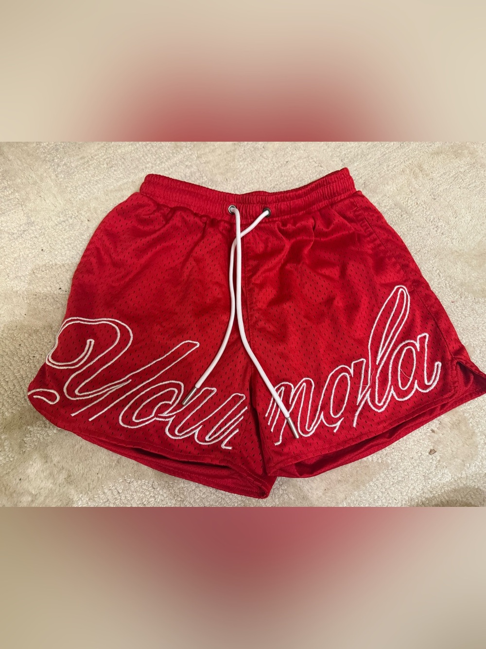 YoungLA Red Mesh Athletic Shorts with White Script — NWOT — men’s small
